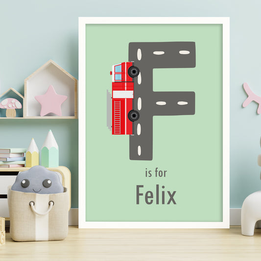 Emergency Services Print - Fire Engine Letter And Name Personalised Poster Wall Art