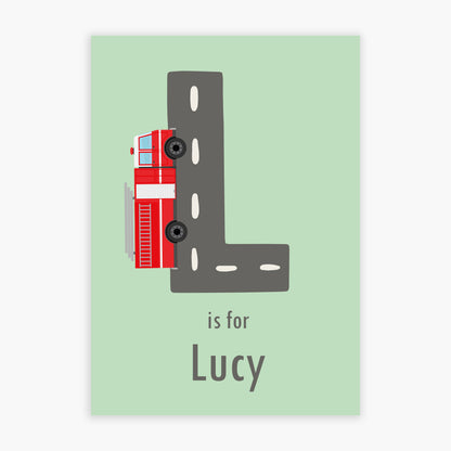 Emergency Services Print - Fire Engine Letter And Name Personalised Poster Wall Art