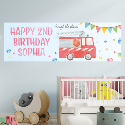 Fire Service Birthday - Watercolour Fire Truck Personalised Name Banner Wall Sticker