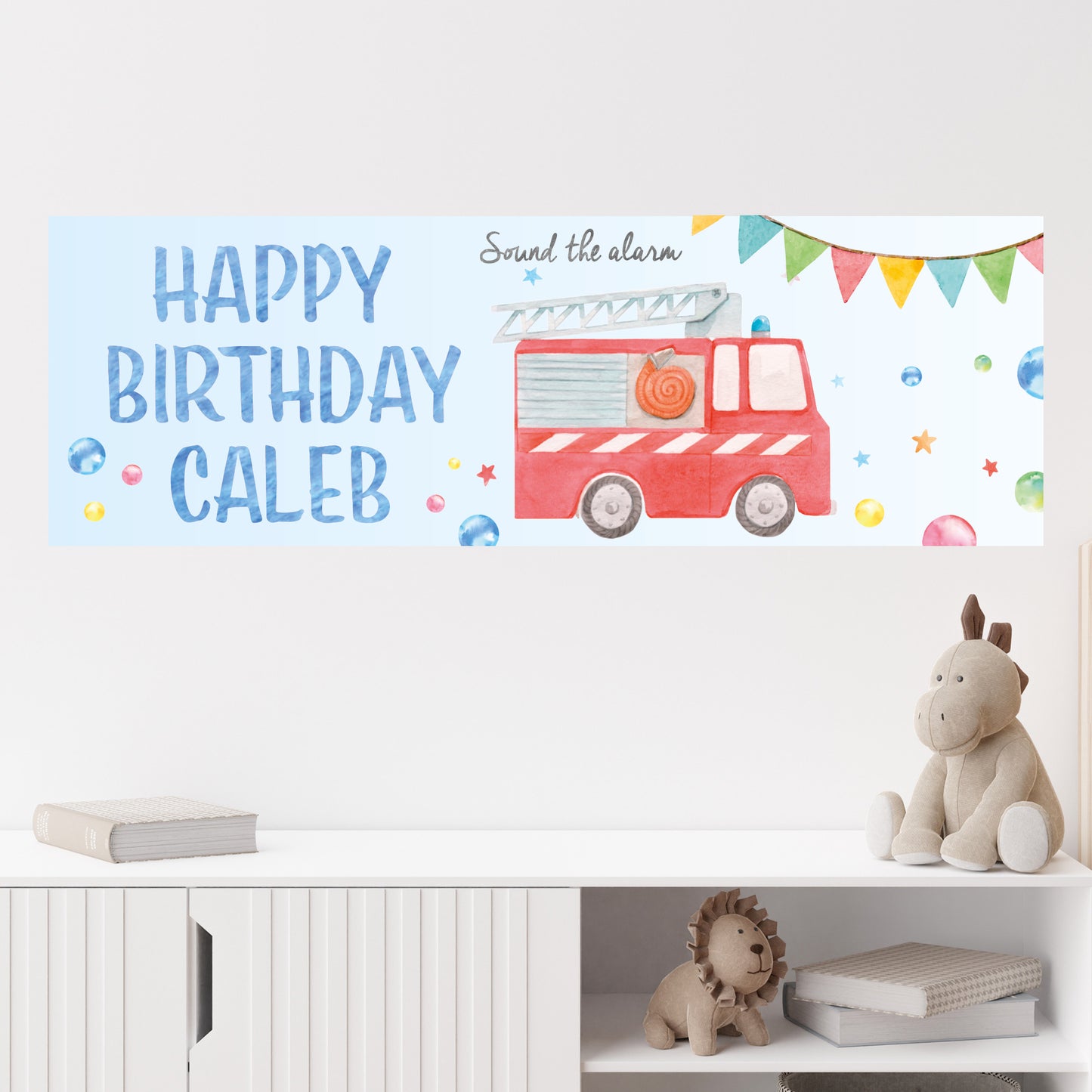 Fire Service Birthday - Watercolour Fire Truck Personalised Name Banner Wall Sticker