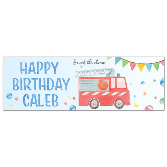 Fire Service Birthday - Watercolour Fire Truck Personalised Name Banner Wall Sticker
