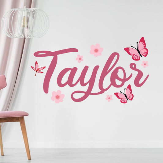 Flower Wall Sticker - Flowers And Butterflies Personalised Name Wall Art