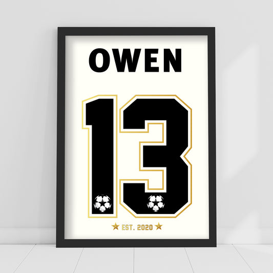 Football Print - Name And Number Gold Personalised Name Wall Art