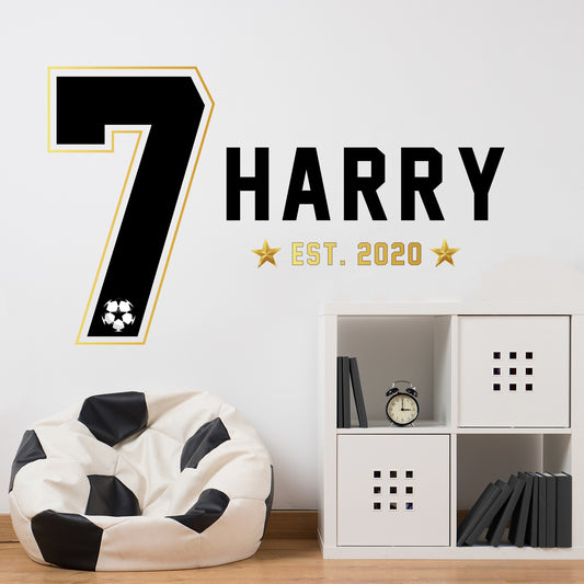 Football Wall Sticker - Name And Number With Gold Personalised Name Wall Art