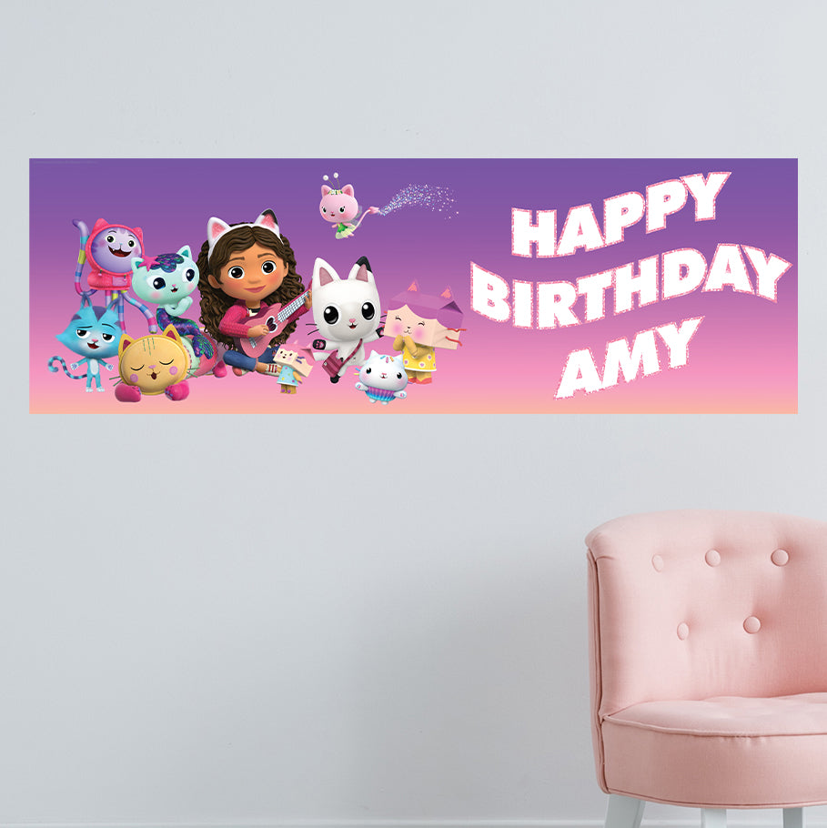 Gabby's Dollhouse Birthday - Gabby And Group Personalised Name Banner Wall Sticker