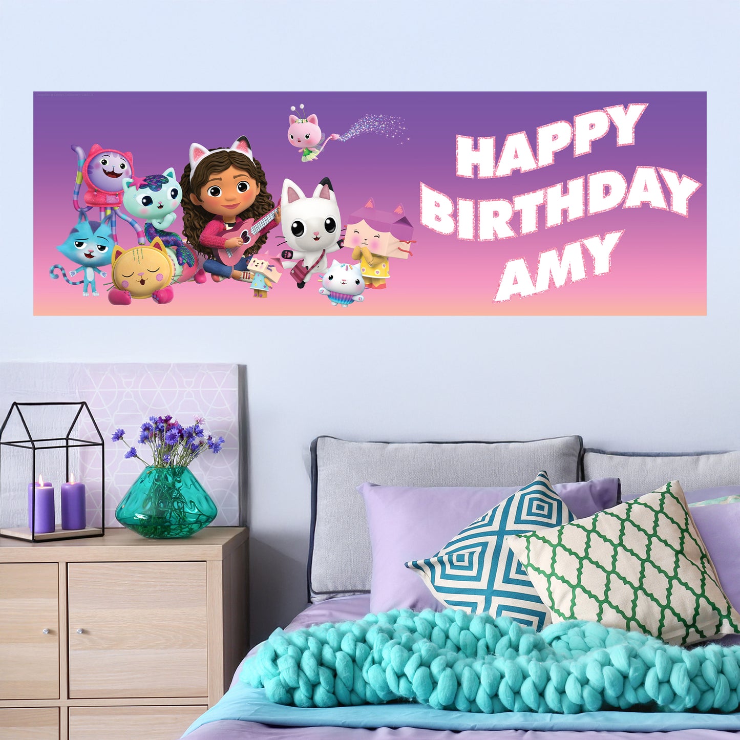 Gabby's Dollhouse Birthday - Gabby And Group Personalised Name Banner Wall Sticker
