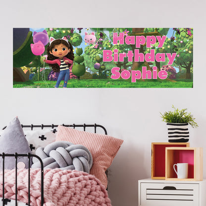 Gabby's Dollhouse Birthday - Gabby In Garden With Balloons Personalised Name Banner Wall Sticker