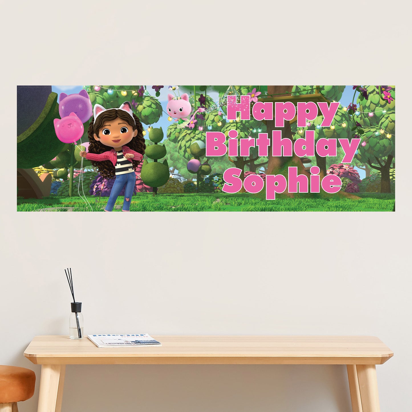 Gabby's Dollhouse Birthday - Gabby In Garden With Balloons Personalised Name Banner Wall Sticker
