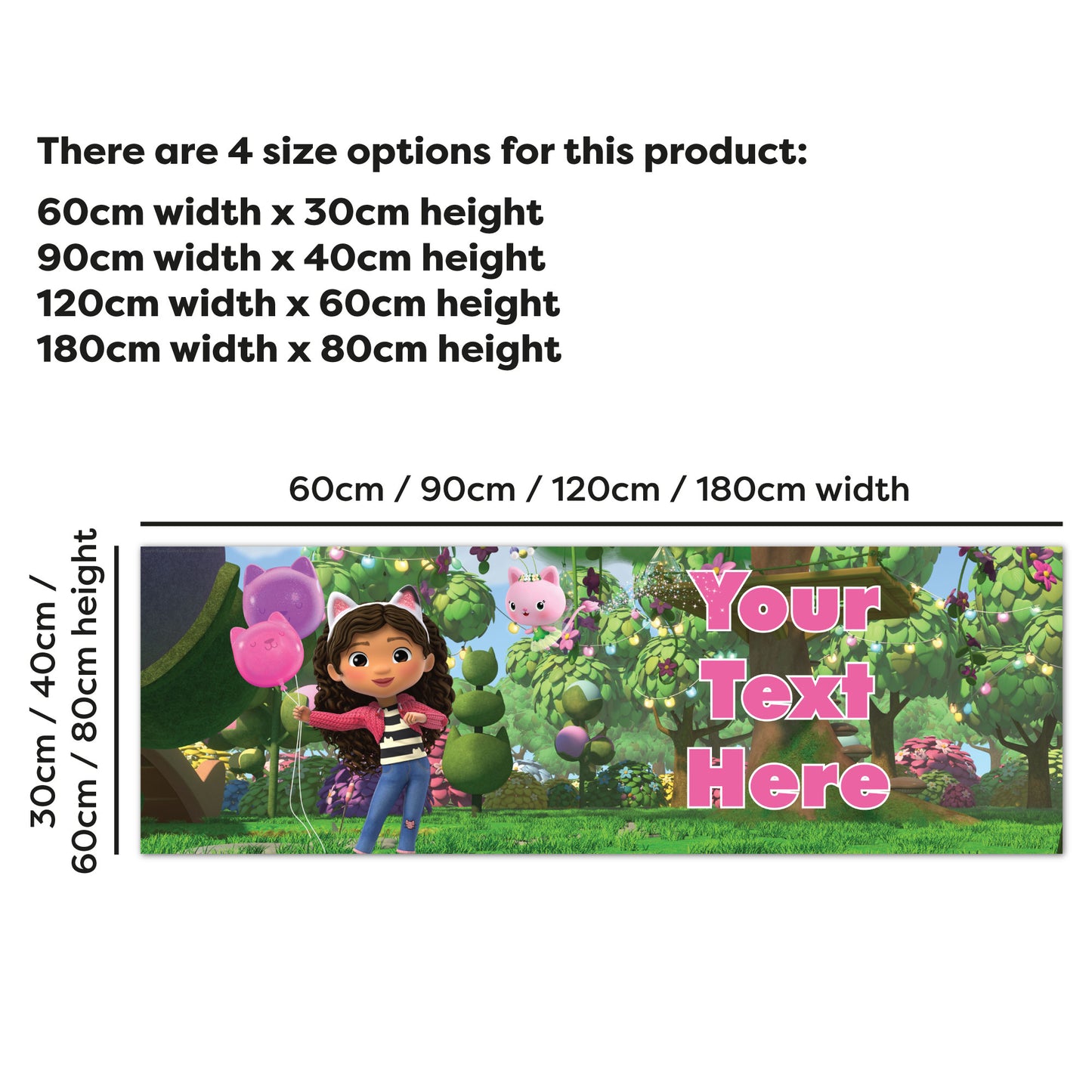 Gabby's Dollhouse Birthday - Gabby In Garden With Balloons Personalised Name Banner Wall Sticker