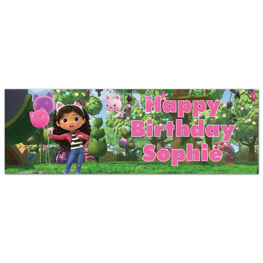 Gabby's Dollhouse Birthday - Gabby In Garden With Balloons Personalised Name Banner Wall Sticker