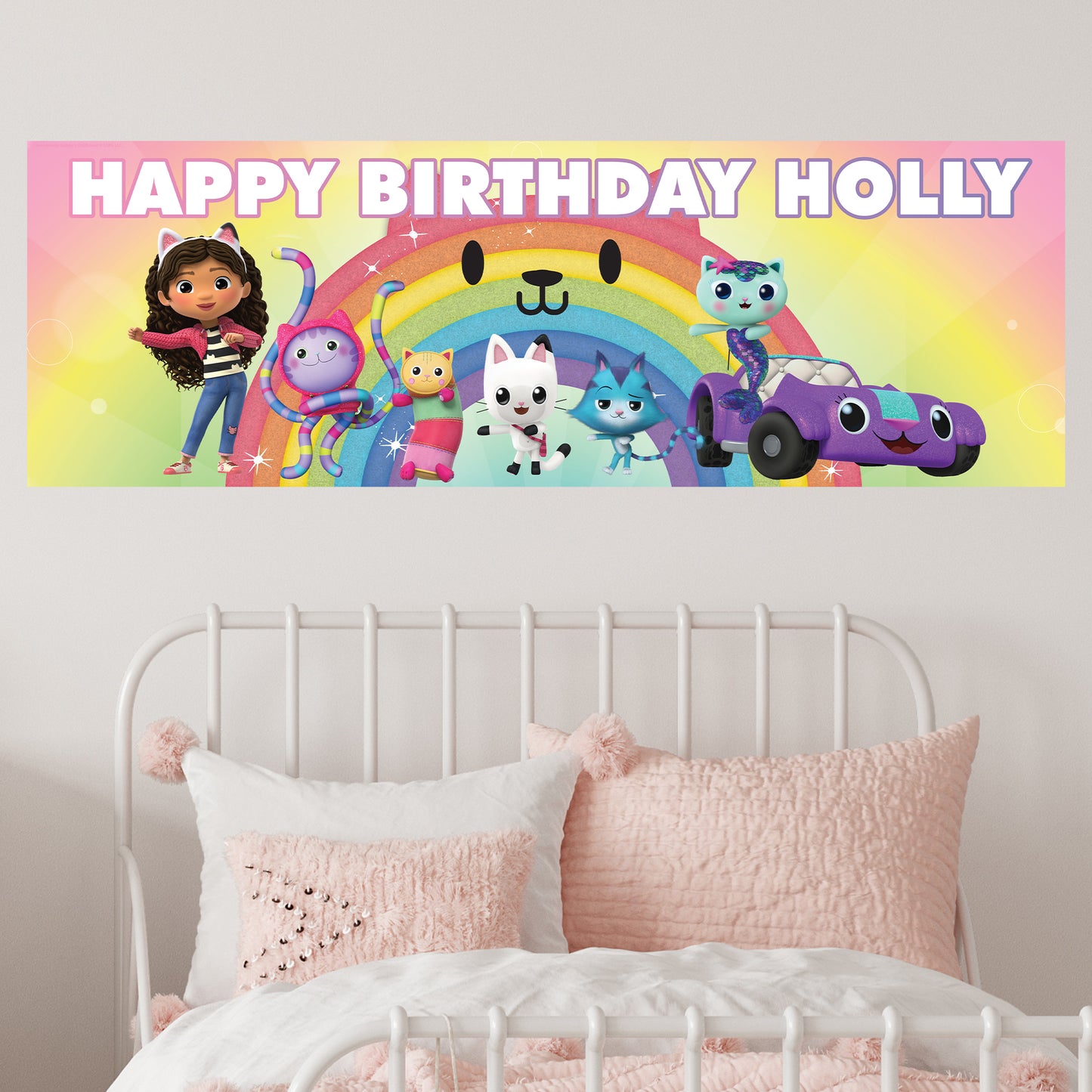 Gabby's Dollhouse Birthday - Group With Rainbow Cat Personalised Name Banner Wall Sticker