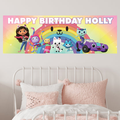 Gabby's Dollhouse Birthday - Group With Rainbow Cat Personalised Name Banner Wall Sticker