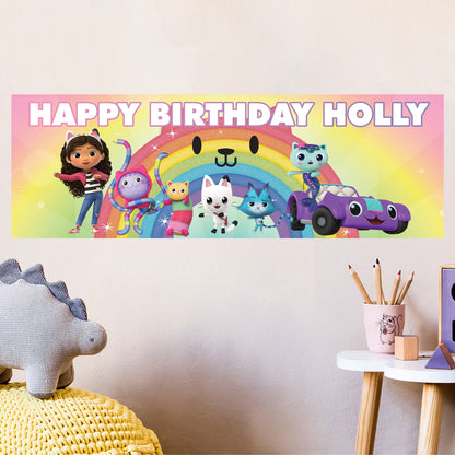 Gabby's Dollhouse Birthday - Group With Rainbow Cat Personalised Name Banner Wall Sticker