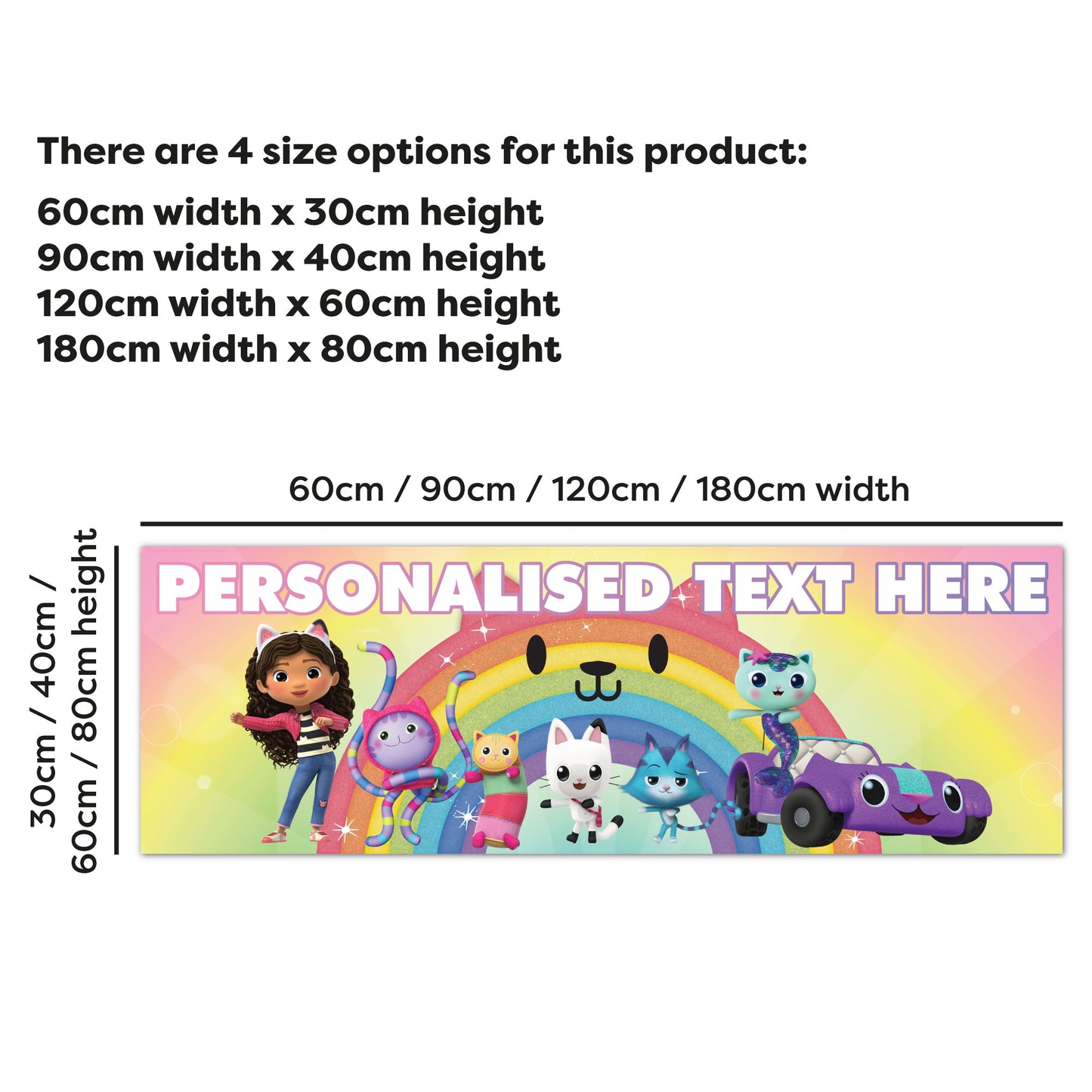 Gabby's Dollhouse Birthday - Group With Rainbow Cat Personalised Name Banner Wall Sticker