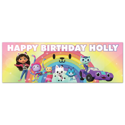 Gabby's Dollhouse Birthday - Group With Rainbow Cat Personalised Name Banner Wall Sticker
