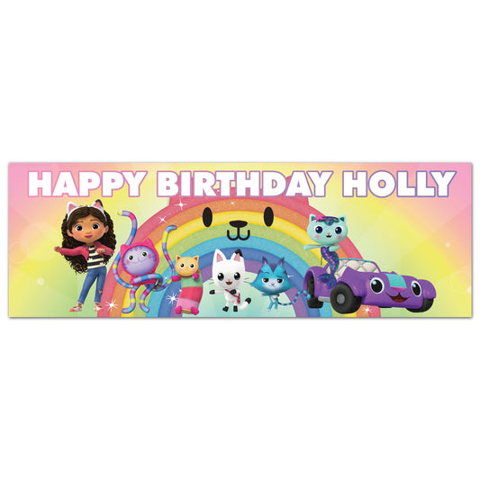 Gabby's Dollhouse Birthday - Group With Rainbow Cat Personalised Name Banner Wall Sticker