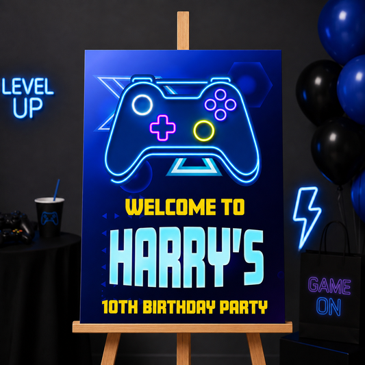 Gaming Birthday Sign - Blue Neon Controller Personalised Foamex Board
