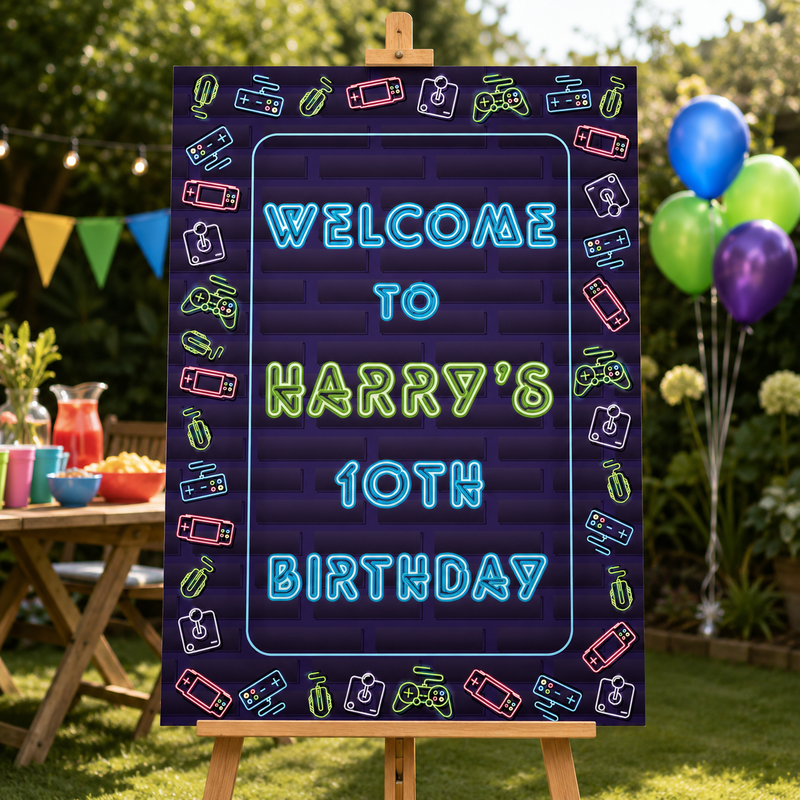 Gaming Birthday Sign - Neon Icons Personalised Foamex Board