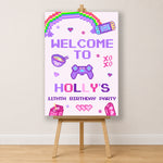 Gaming Birthday Sign - Pink And Purple Pixel Icons Personalised Foamex Board