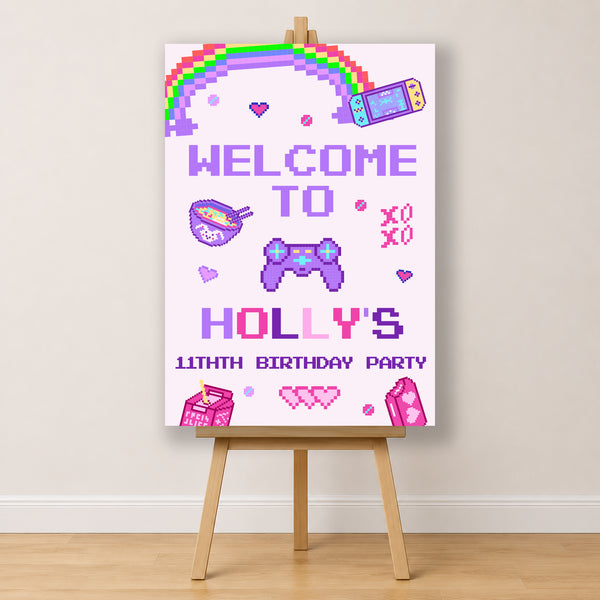 Gaming Birthday Sign - Pink And Purple Pixel Icons Personalised Foamex Board