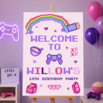 Gaming Birthday Sign - Pink And Purple Pixel Icons Personalised Foamex Board
