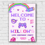 Gaming Birthday Sign - Pink And Purple Pixel Icons Personalised Foamex Board