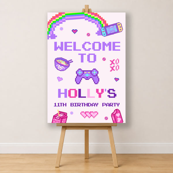 Gaming Birthday Sign - Pink And Purple Pixel Icons Personalised Foamex Board