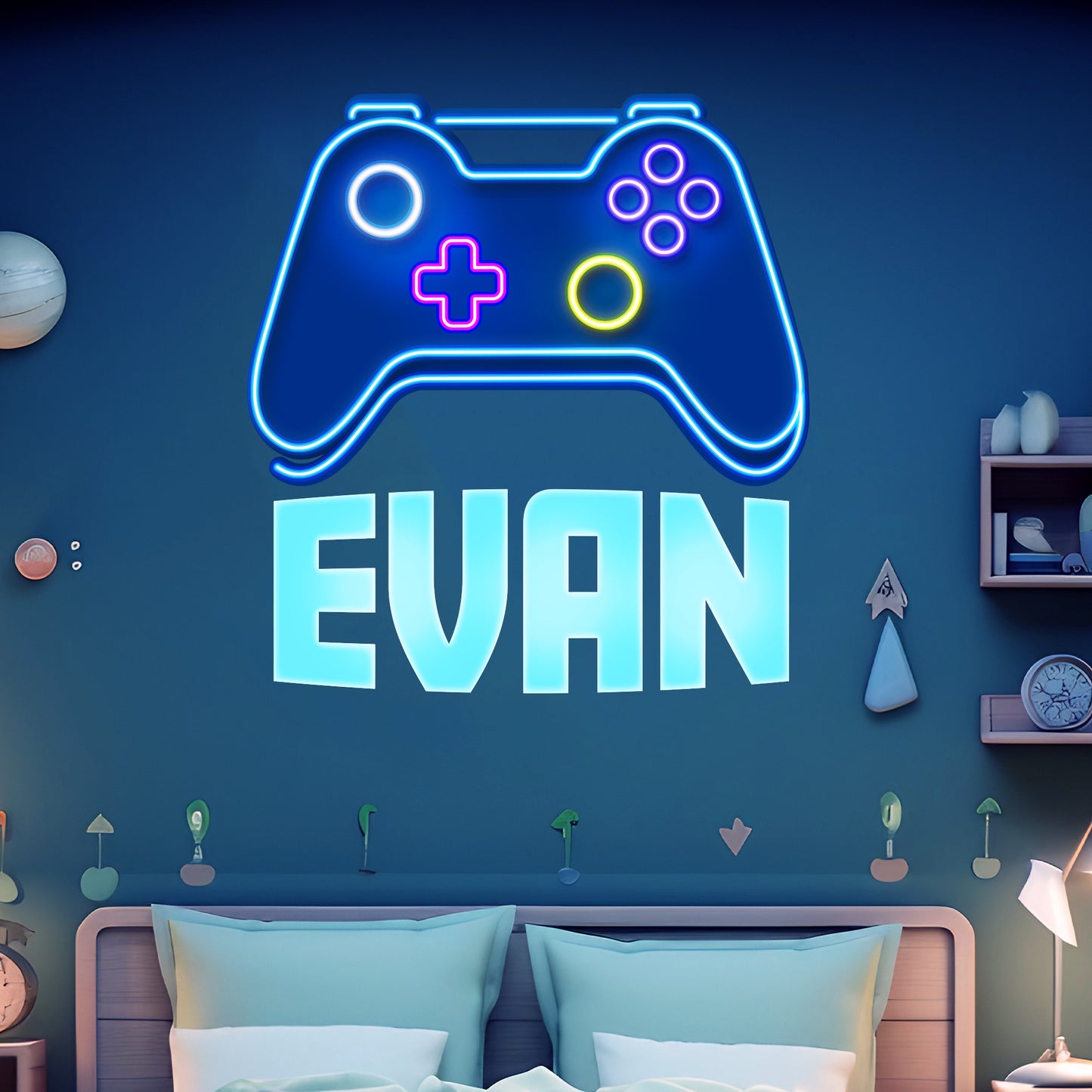 Gaming Wall Sticker - Neon Blue Controller Personalised Name Wall Art
