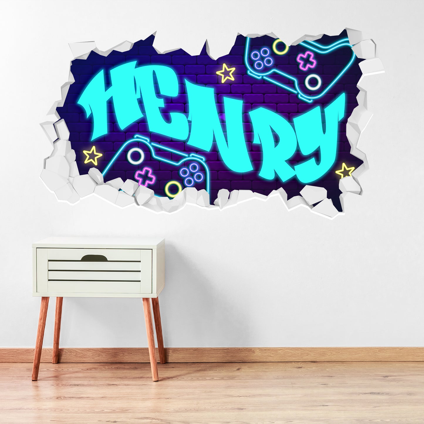 Gaming Wall Sticker - Brick Wall Neon Controller Personalised Name Broken Wall Decal Art