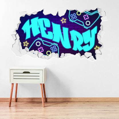 Gaming Wall Sticker - Brick Wall Neon Controller Personalised Name Broken Wall Decal Art
