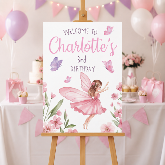 Girls Birthday Sign - Fairy With Butterflies Personalised Foamex Board