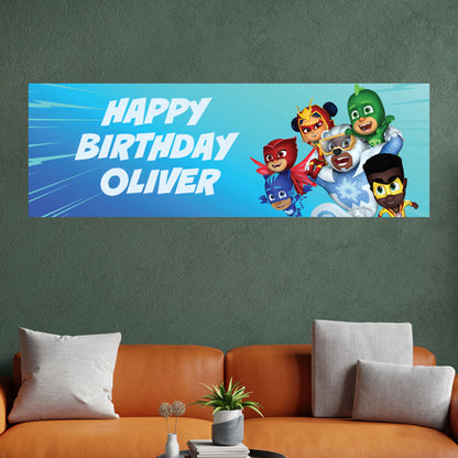 PJ Masks Birthday - Group With Lightning Personalised Banner Wall Sticker