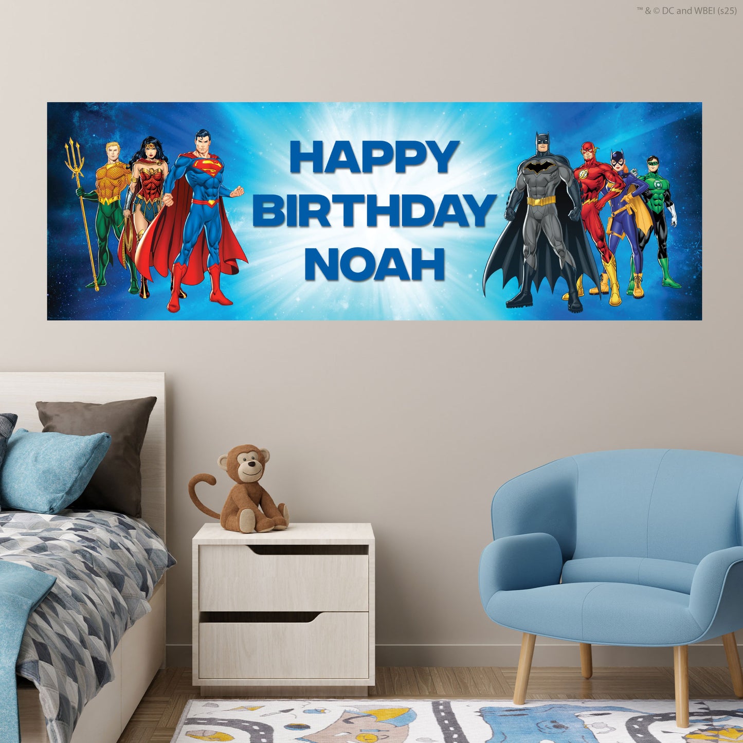 Justice League Birthday - Group Blue Personalised Name Banner Wall Sticker