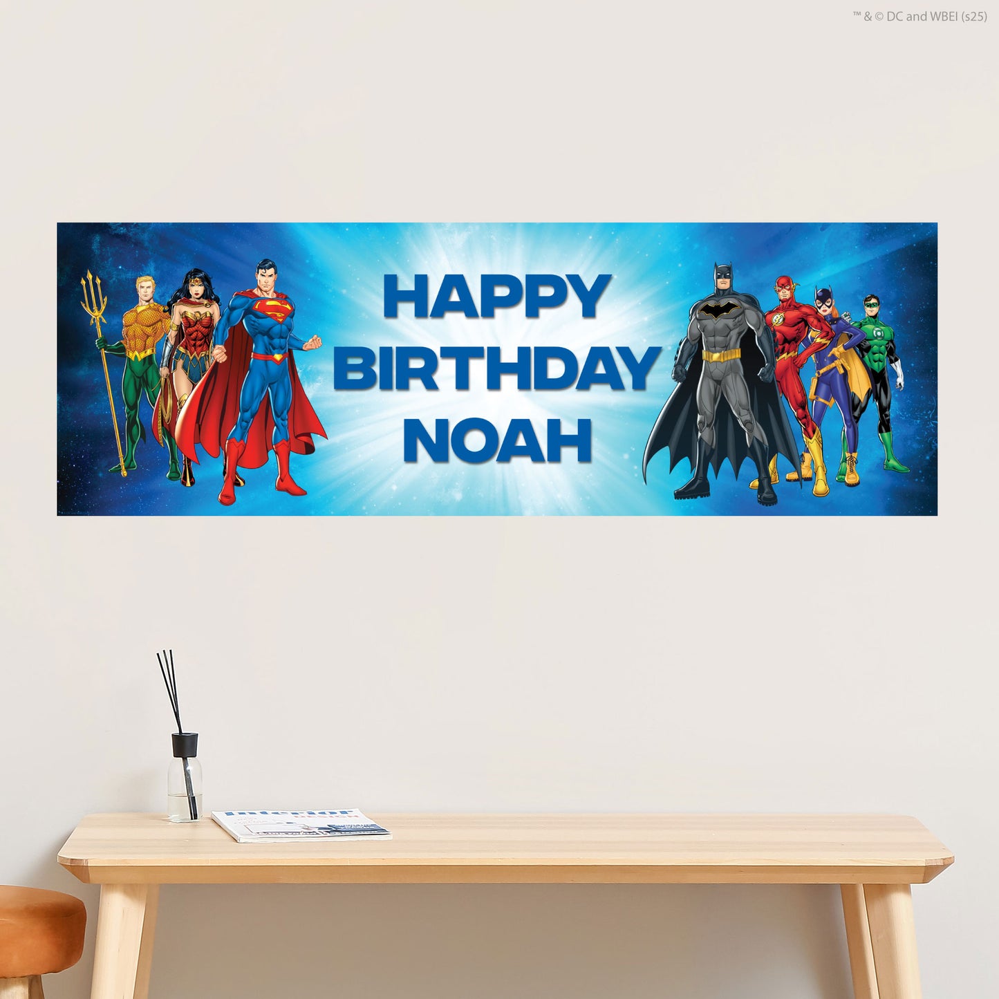 Justice League Birthday - Group Blue Personalised Name Banner Wall Sticker
