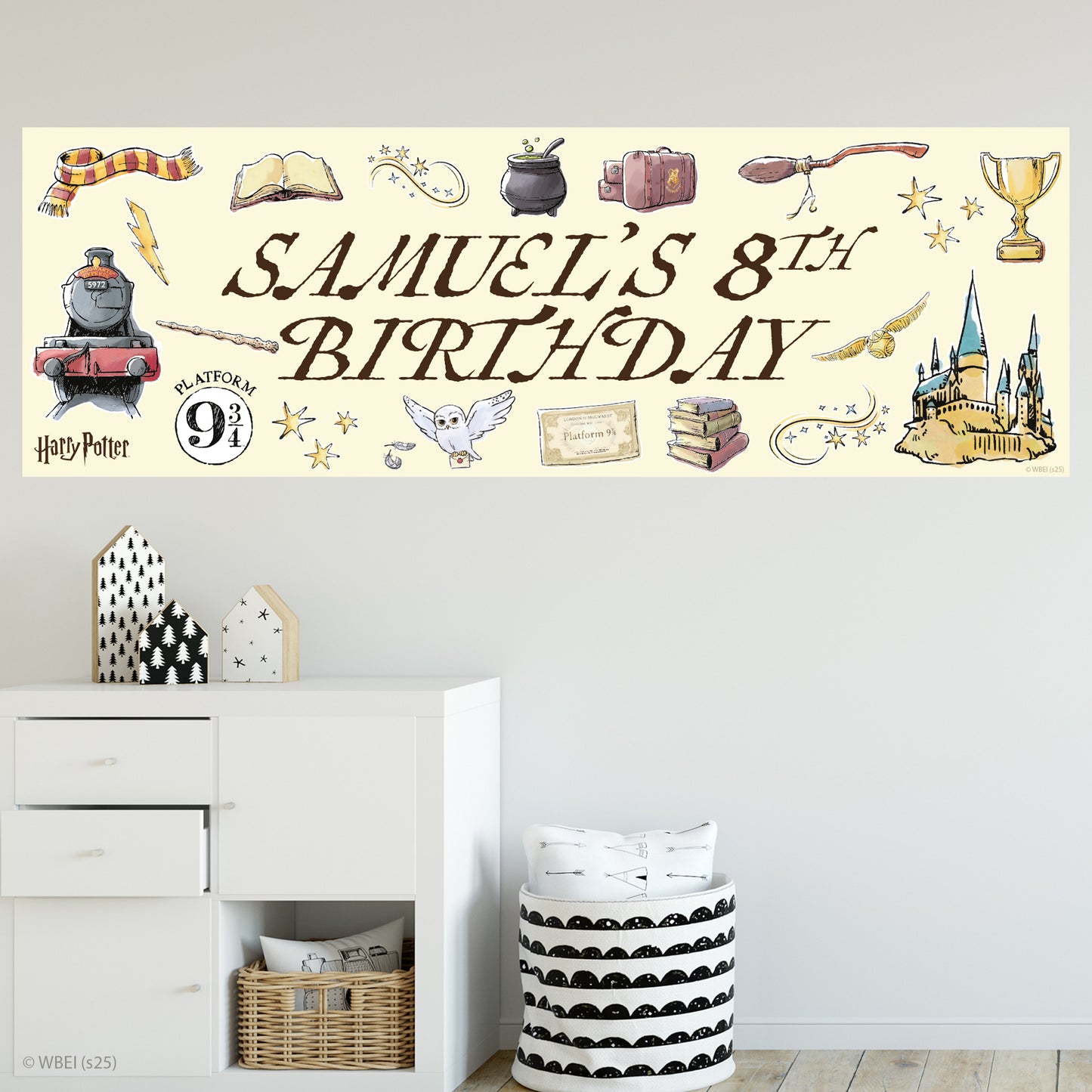 Harry Potter Birthday - Watercolour Icons Personalised Name Banner Wall Sticker