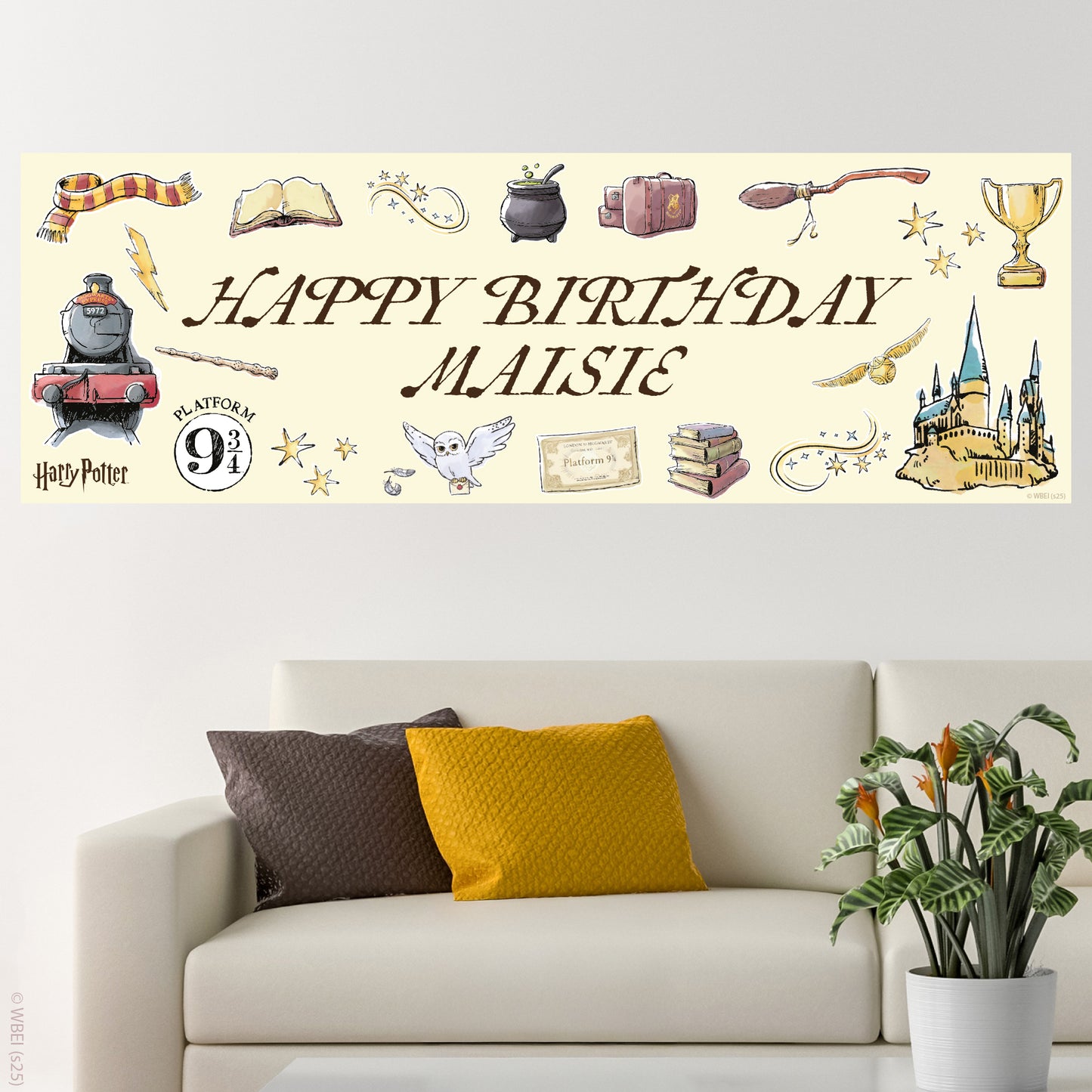 Harry Potter Birthday - Watercolour Icons Personalised Name Banner Wall Sticker