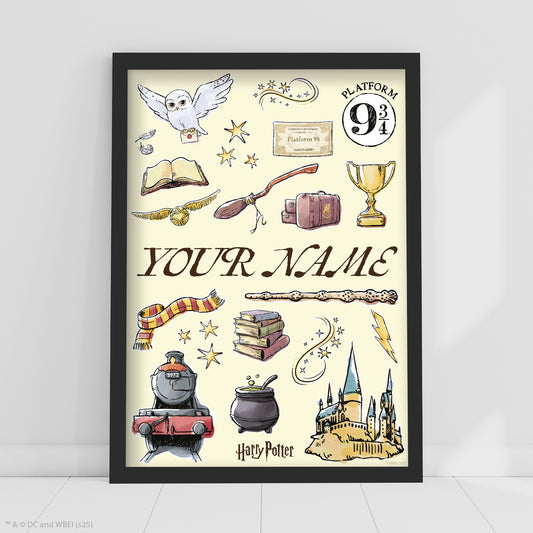 HARRY POTTER Print – Watercolour Icons Personalised Name Poster Wall Art
