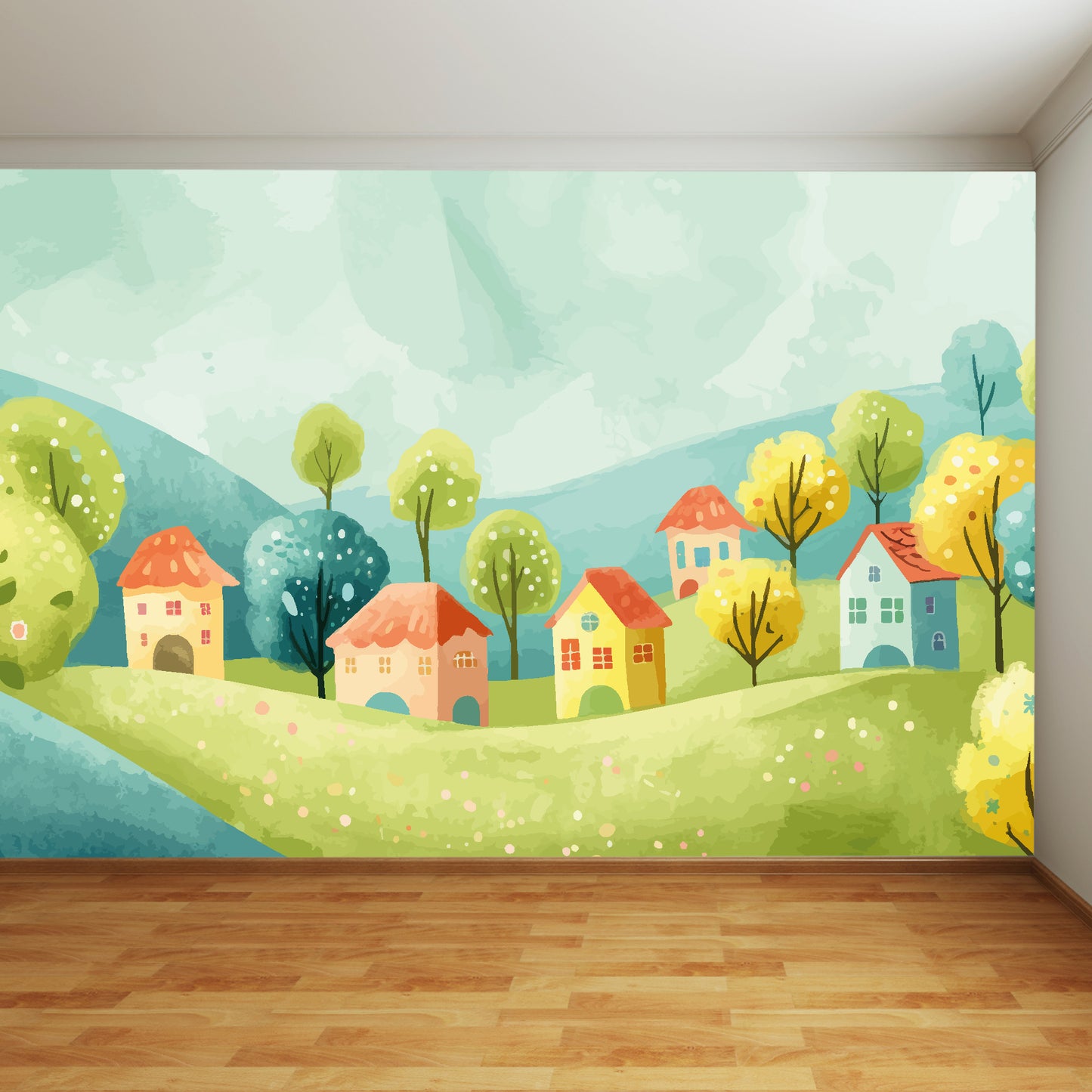 Hills and Houses Full Wall Mural