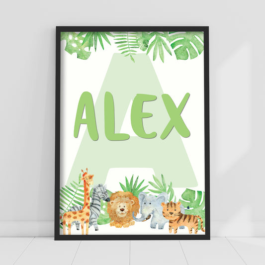 Watercolour Jungle Animal Wall Art Print - Personalised Text in Jungle Poster