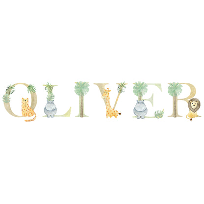 Watercolour Jungle Animal Wall Sticker - Animals on A-Z Letters Personalised Text Decal Wall Art