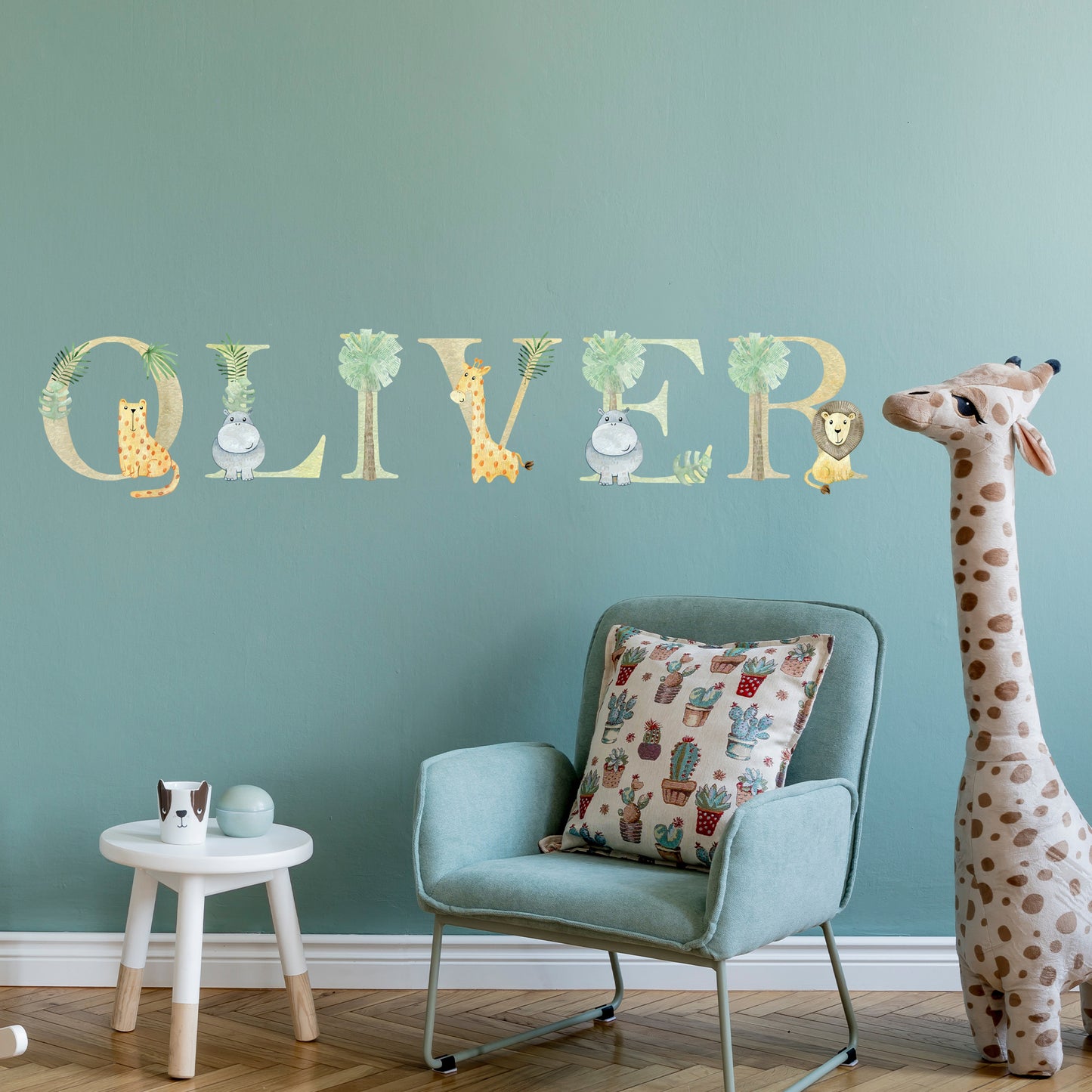 Watercolour Jungle Animal Wall Sticker - Animals on A-Z Letters Personalised Text Decal Wall Art
