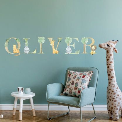 Watercolour Jungle Animal Wall Sticker - Animals on A-Z Letters Personalised Text Decal Wall Art