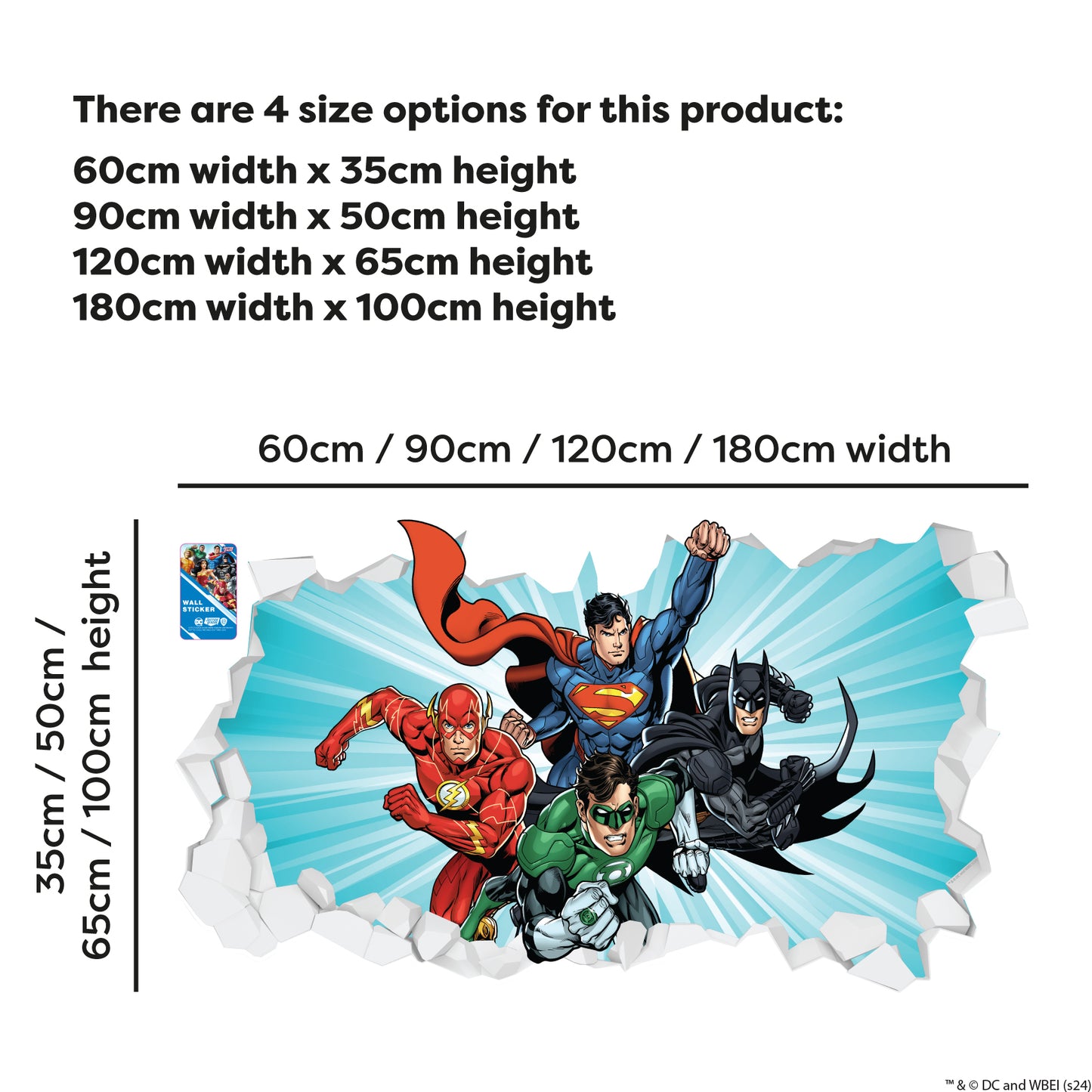 Justice League Wall Sticker - 4 Heroes Bursting Through Broken Wall Decal DC Superhero Art