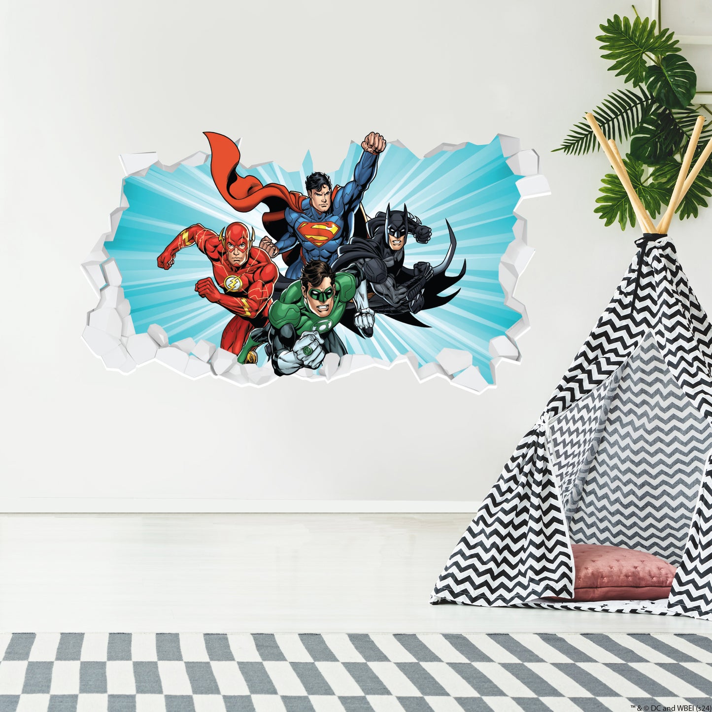 Justice League Wall Sticker - 4 Heroes Bursting Through Broken Wall Decal DC Superhero Art