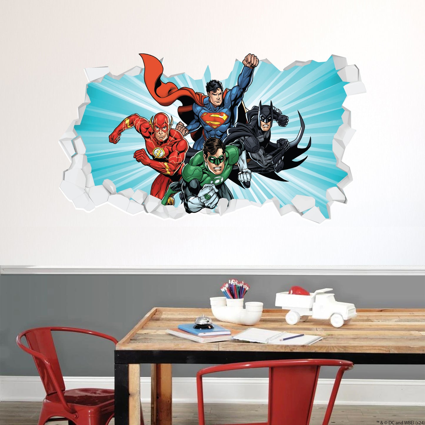 Justice League Wall Sticker - 4 Heroes Bursting Through Broken Wall Decal DC Superhero Art
