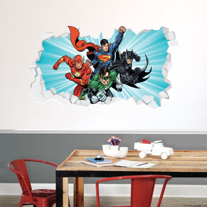 Justice League Wall Sticker - 4 Heroes Bursting Through Broken Wall Decal DC Superhero Art