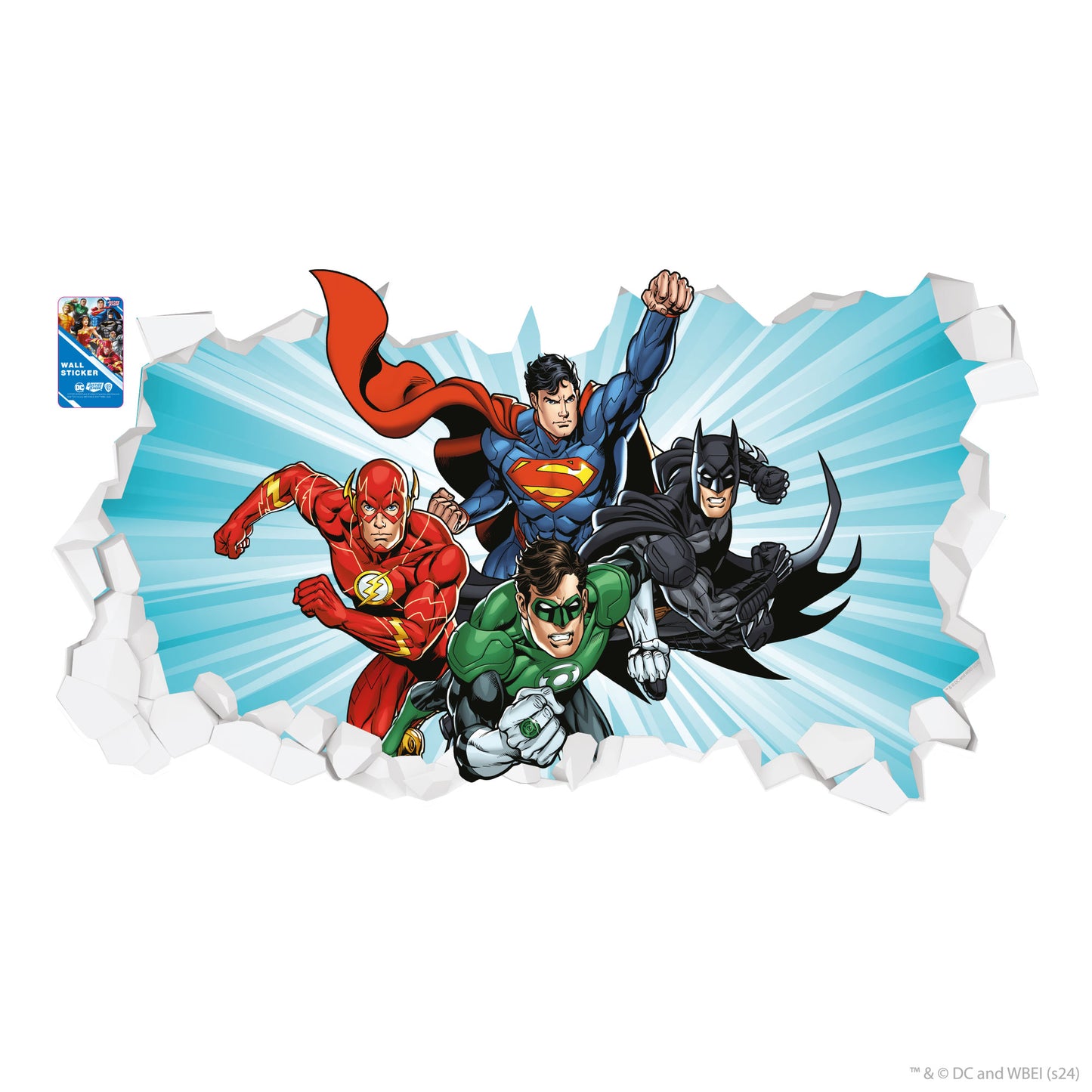 Justice League Wall Sticker - 4 Heroes Bursting Through Broken Wall Decal DC Superhero Art