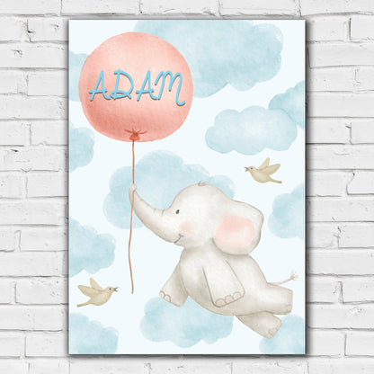 Watercolour Jungle Animal Wall Art Print - Elephant and Balloon Personalised Text Poster