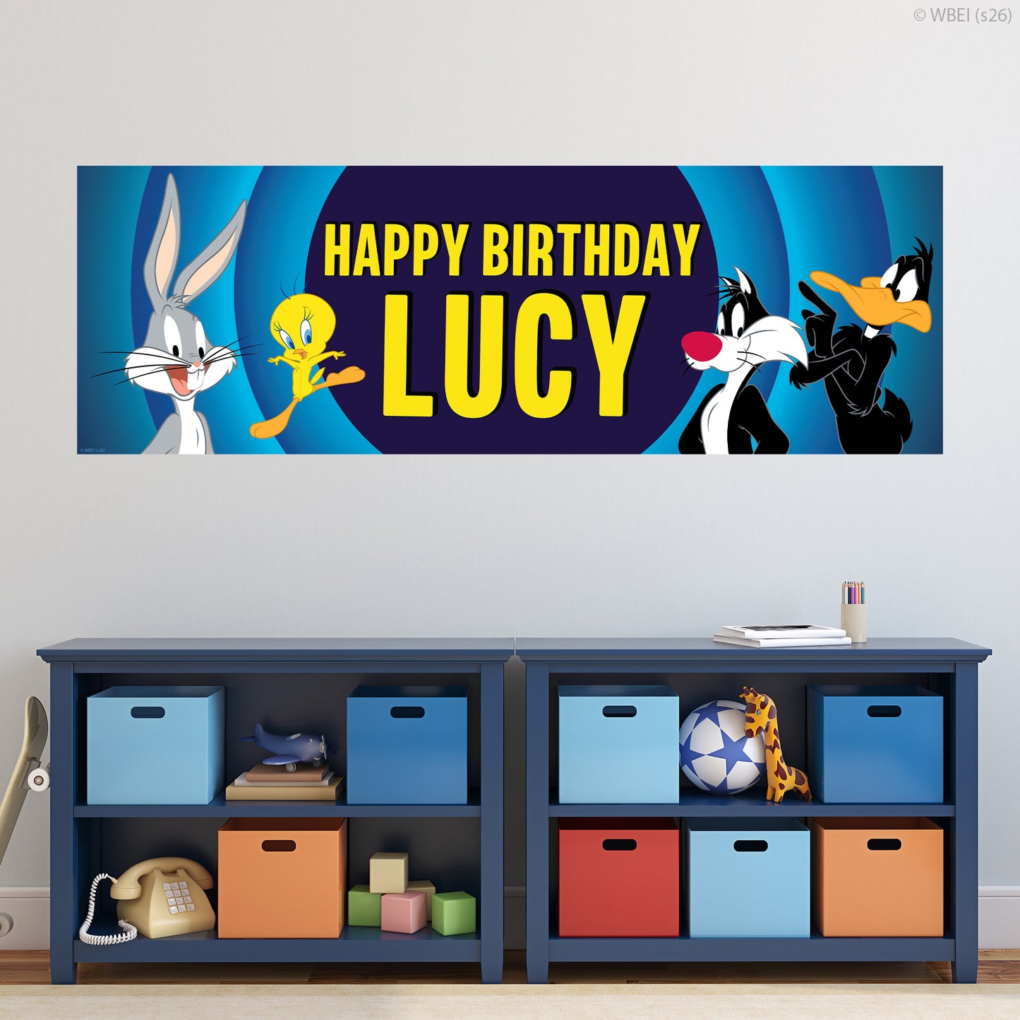 Looney Tunes™  Birthday - Group Blue Personalised Name Banner Wall Sticker