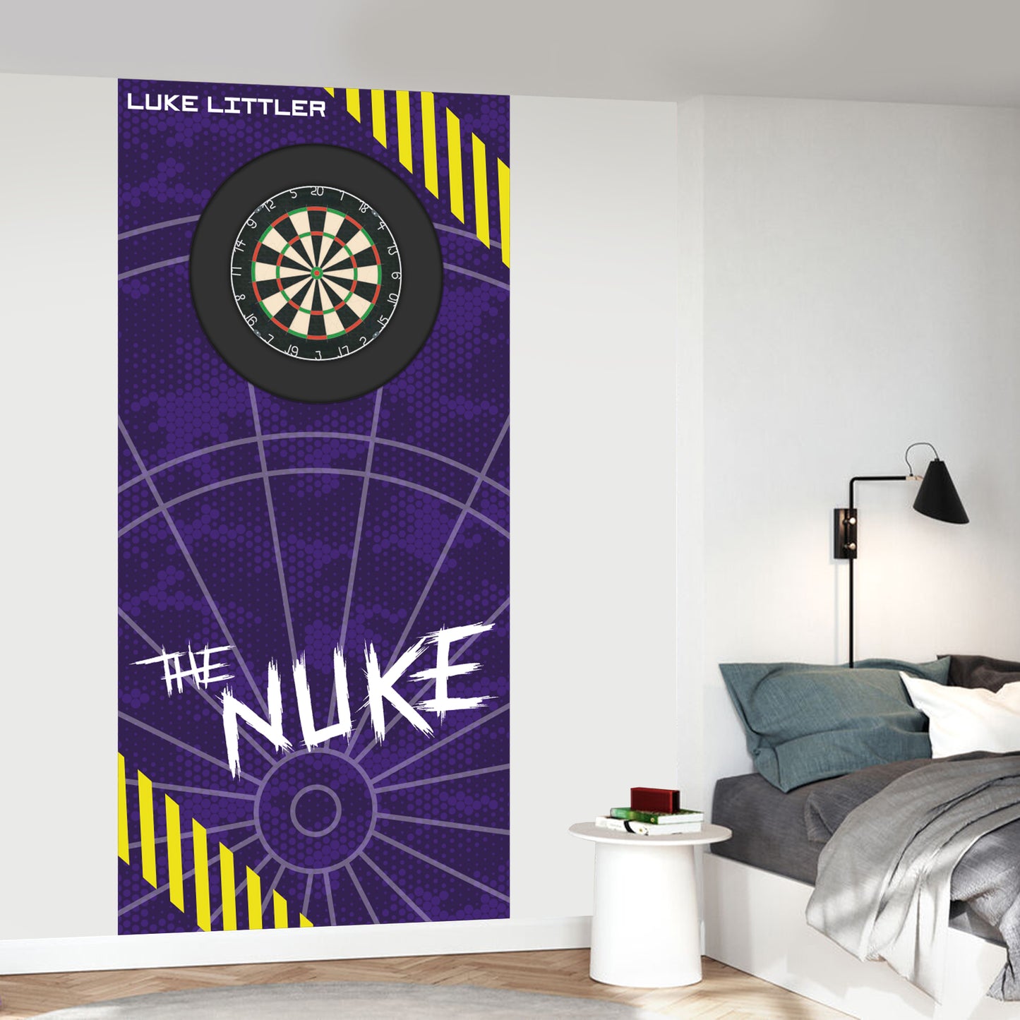 Luke Littler Dart Board Backdrop - Purple Camo with Neon Striped Corners Wall Sticker